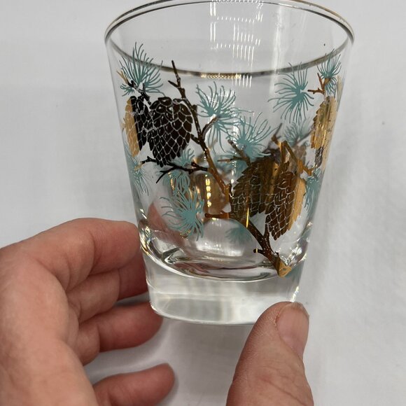 David Douglas "Pinecone" Old Fashioned Glasses Set of 2 Gold Aqua Vintage Libbey - Picture 9 of 14